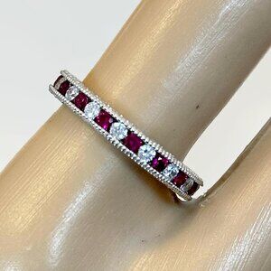 Art Deco Ruby Ring: Sterling Silver CZ Band, Size 7 3/4
